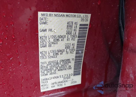 2016 Nissan Titan Xd Sl Diesel z USA, uszkodzony, nr VIN 1N6BA1F49GN517510